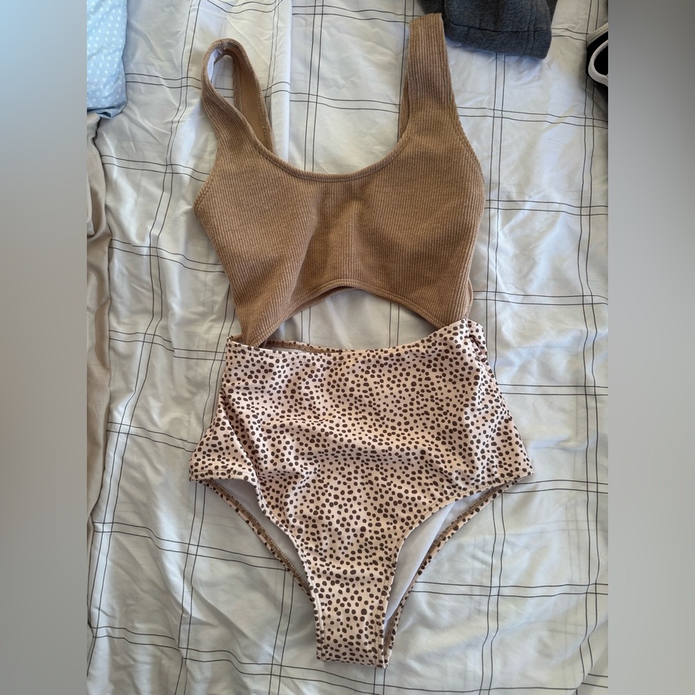 Brown Ribbed Tank Top and Polka Dot High-Waisted Bikini Set